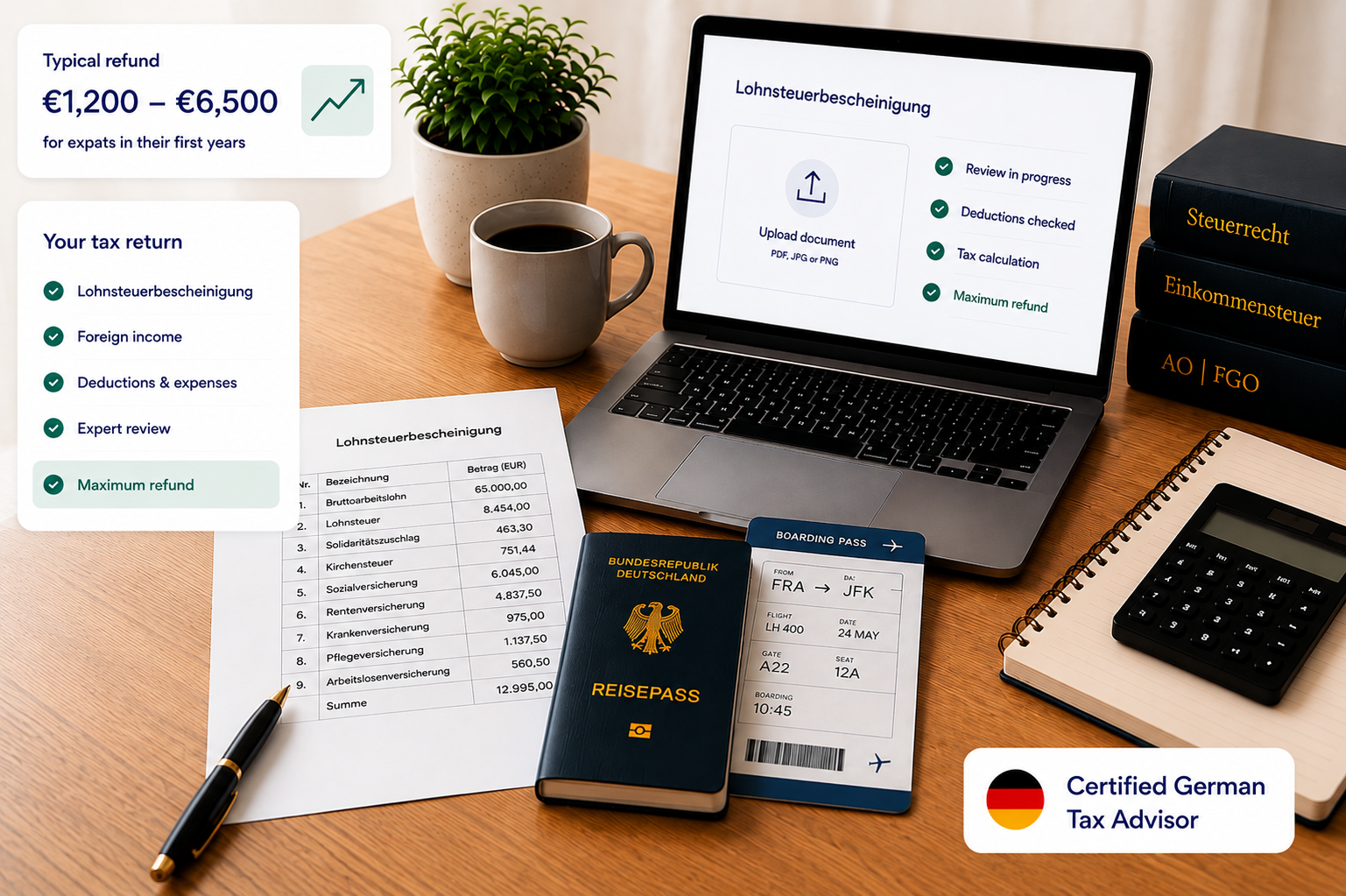 German tax return service with laptop, Lohnsteuerbescheinigung, German passport, boarding pass, refund estimate and tax return checklist